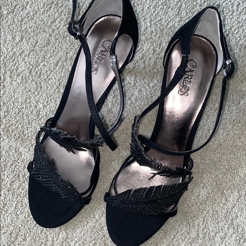 CARLOS SANTANA 8M FRISCO Black 3”‎ Strappy HEELS Sparkly Feather